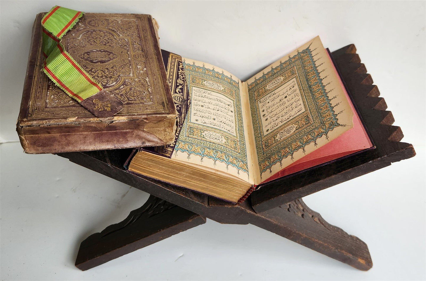 1900 OTTOMAN KORAN antique QURAN Turkish w/ WOODEN STAND & GILT SLIP CASE