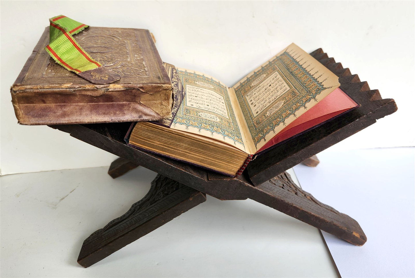 1900 OTTOMAN KORAN antique QURAN Turkish w/ WOODEN STAND & GILT SLIP CASE