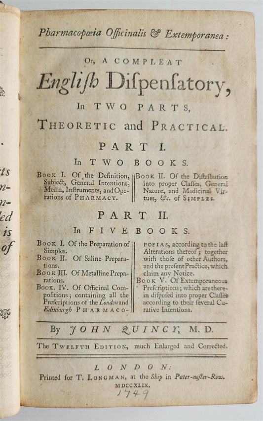 1749 Pharmacopoeia Complete English Dispensatory ANTIQUE by John Quincy