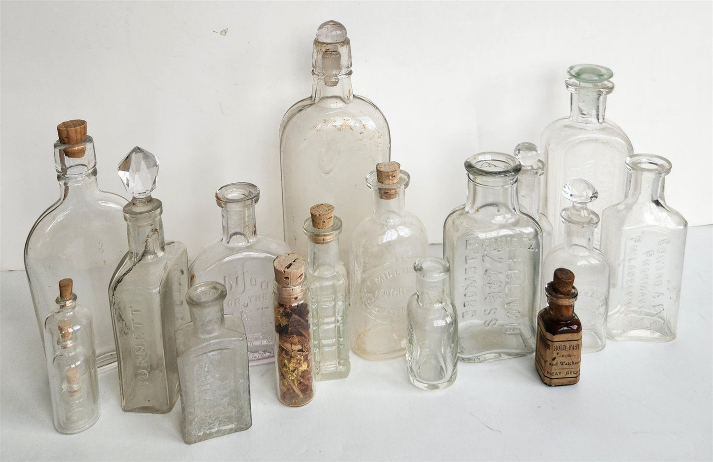 LOT of 16 antique PHARMACY BOTTLES apothecary drug store