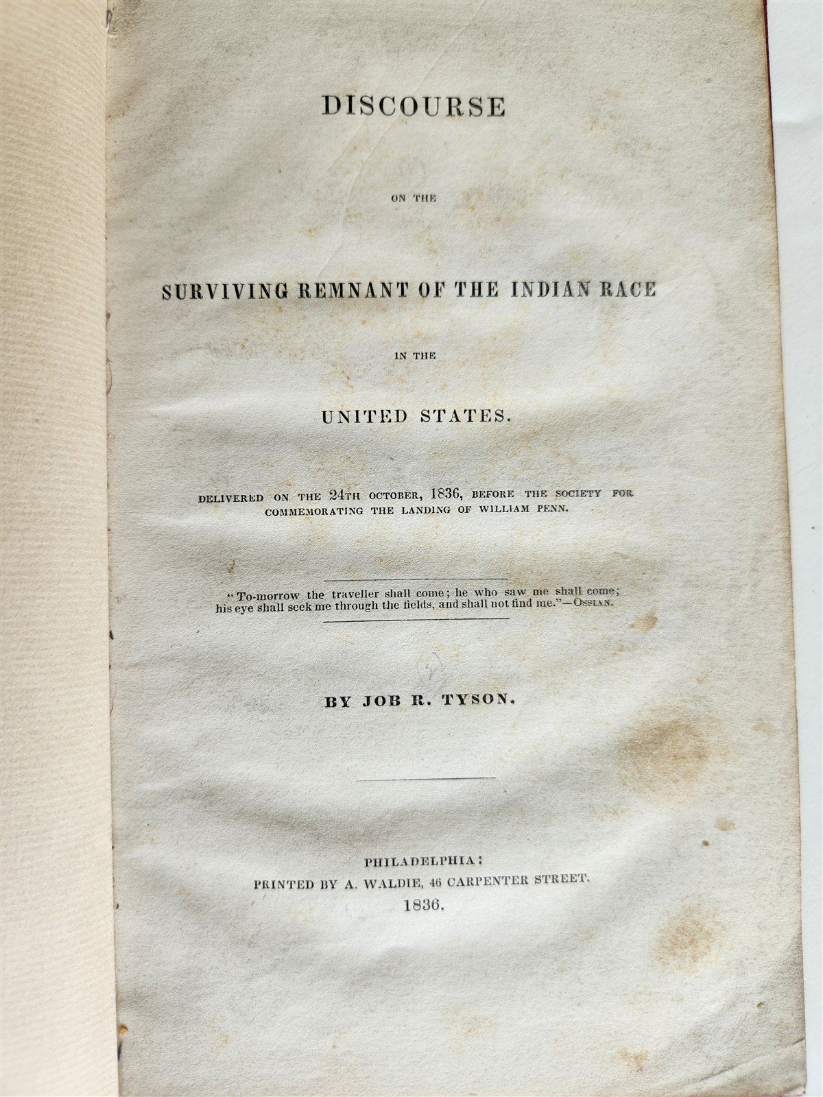 1836 DISCOURSE ON SURVIVING REMNANT OF INDIAN RACE in US ANTIQUE Americana