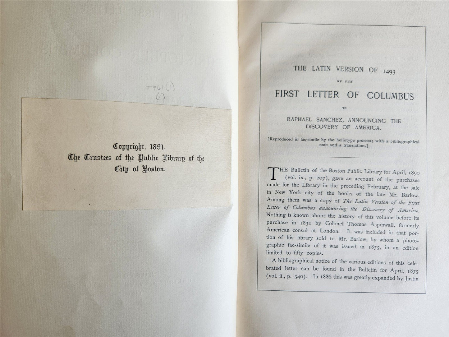 1891 First Letter of Christopher Columbus to Noble Lord Raphael Sanchez ANTIQUE