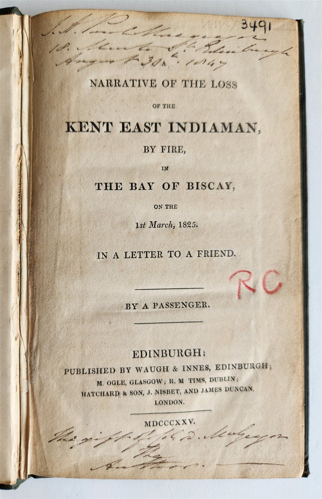 1825 Narrative of loss of Kent East Indiaman by fire in Bay of Biscay ANTIQUE