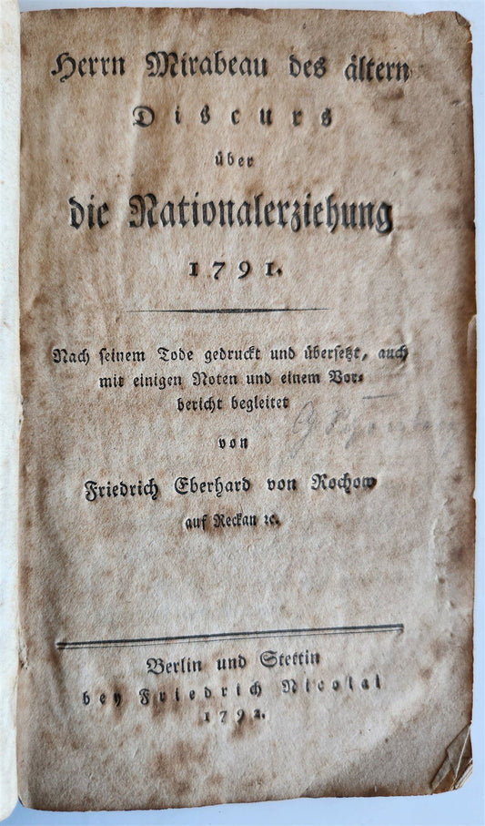 1792 Discourse of National Education ANTIQUE BOOKLET in GERMAN
