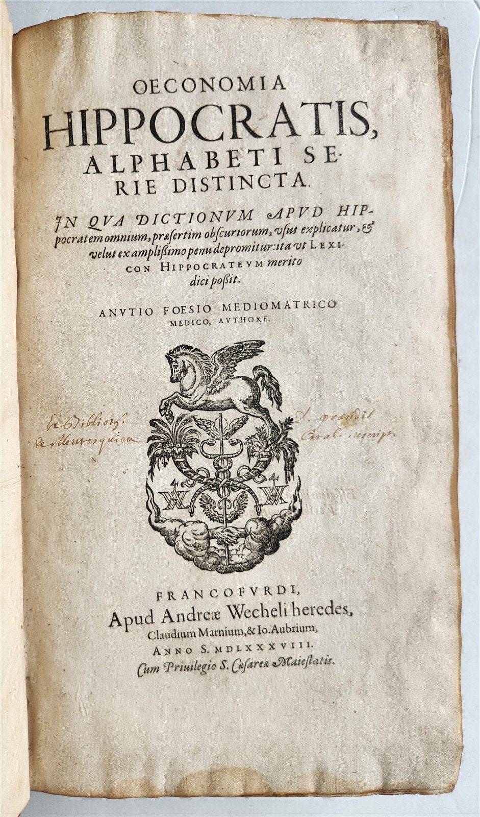 1588 Oeconomia Hippocratis antique MEDICAL 16th CENTURY