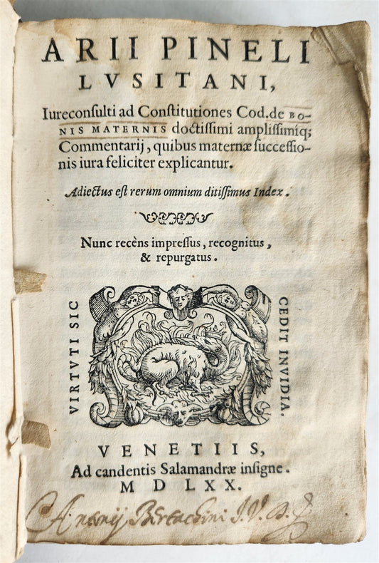 1570 LAW BOOK by ARII PINELI LUSITANI antique VELLUM BINDING w/ MANUSCRIPT TITLE