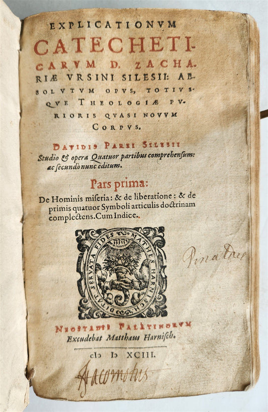 1593 PROTESTANT THEOLOGY by ZACHARIAE URSINI antique vellum 16th CENTURY