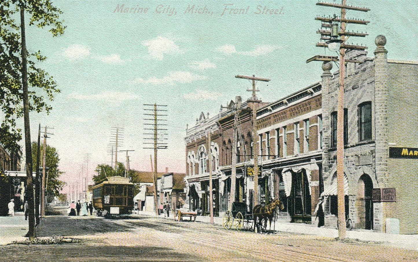 MARINE CITY MI FRONT STREET ANTIQUE POSTCARD
