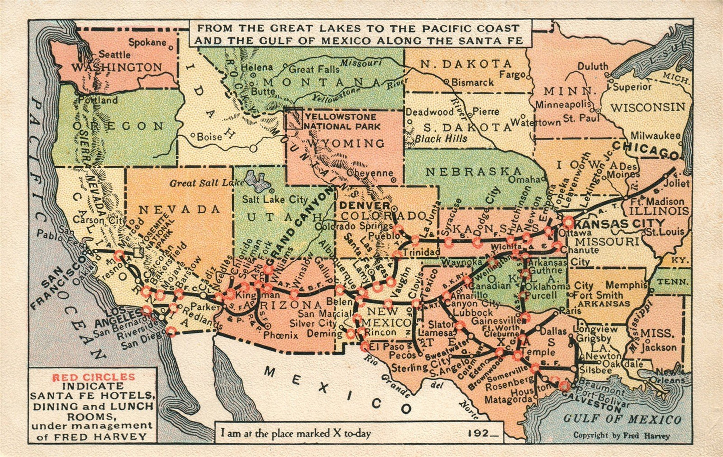 SANTA FE HOTELS STATES MAP ANTIQUE POSTCARD