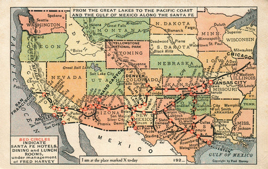 SANTA FE HOTELS STATES MAP ANTIQUE POSTCARD
