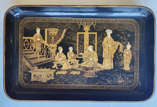 1890s ANTIQUE JAPANESE PAPER - MACHE TRAY Hand painted with art school scene