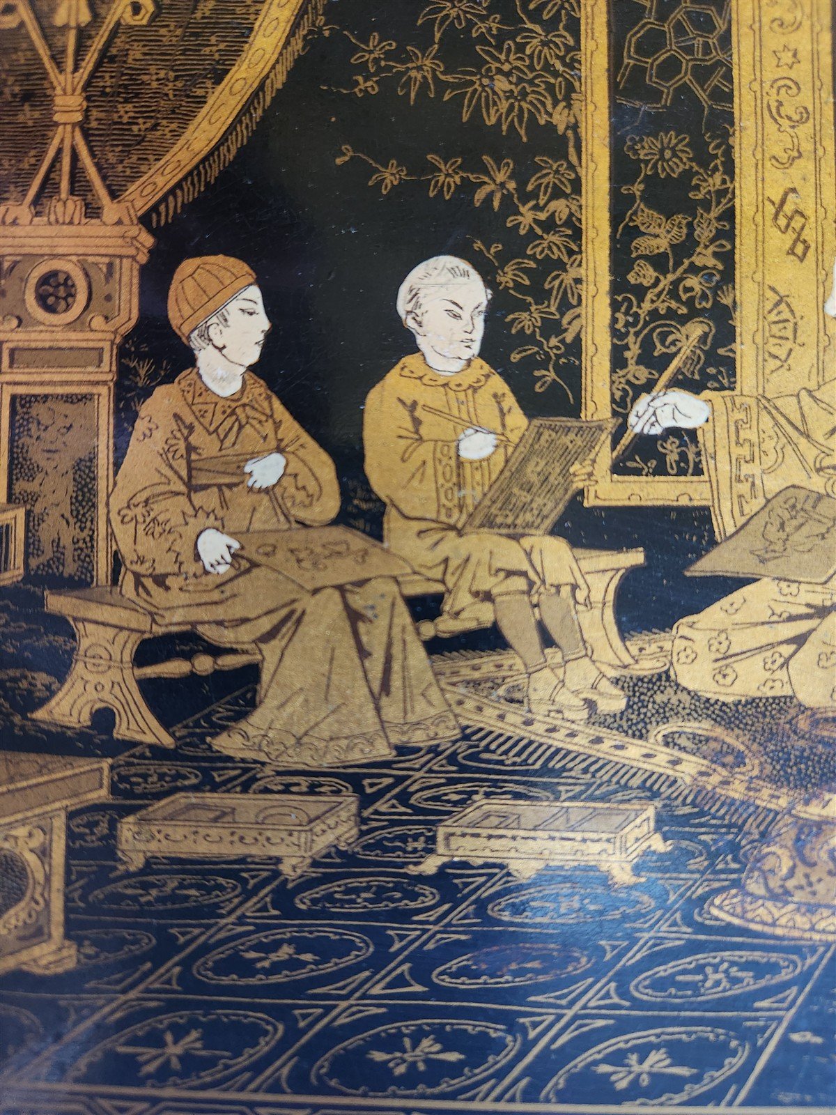 1890s ANTIQUE JAPANESE PAPER - MACHE TRAY Hand painted with art school scene