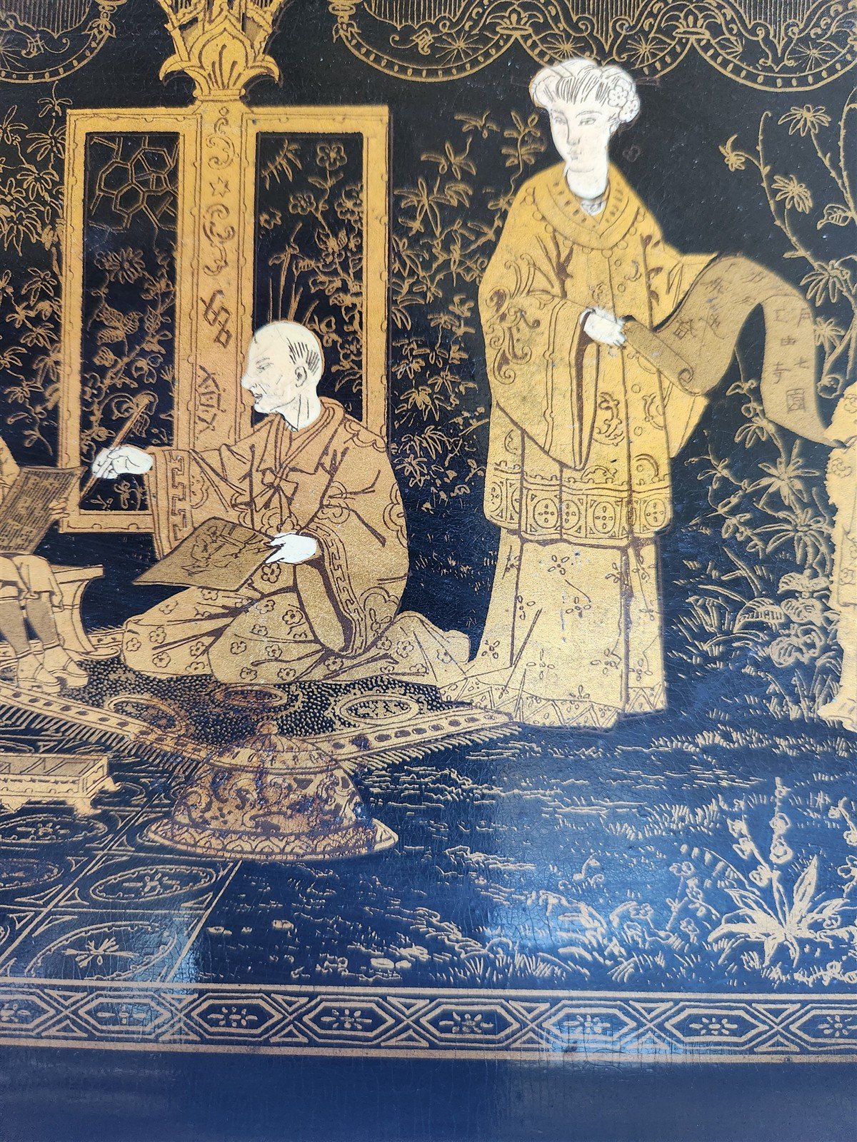 1890s ANTIQUE JAPANESE PAPER - MACHE TRAY Hand painted with art school scene