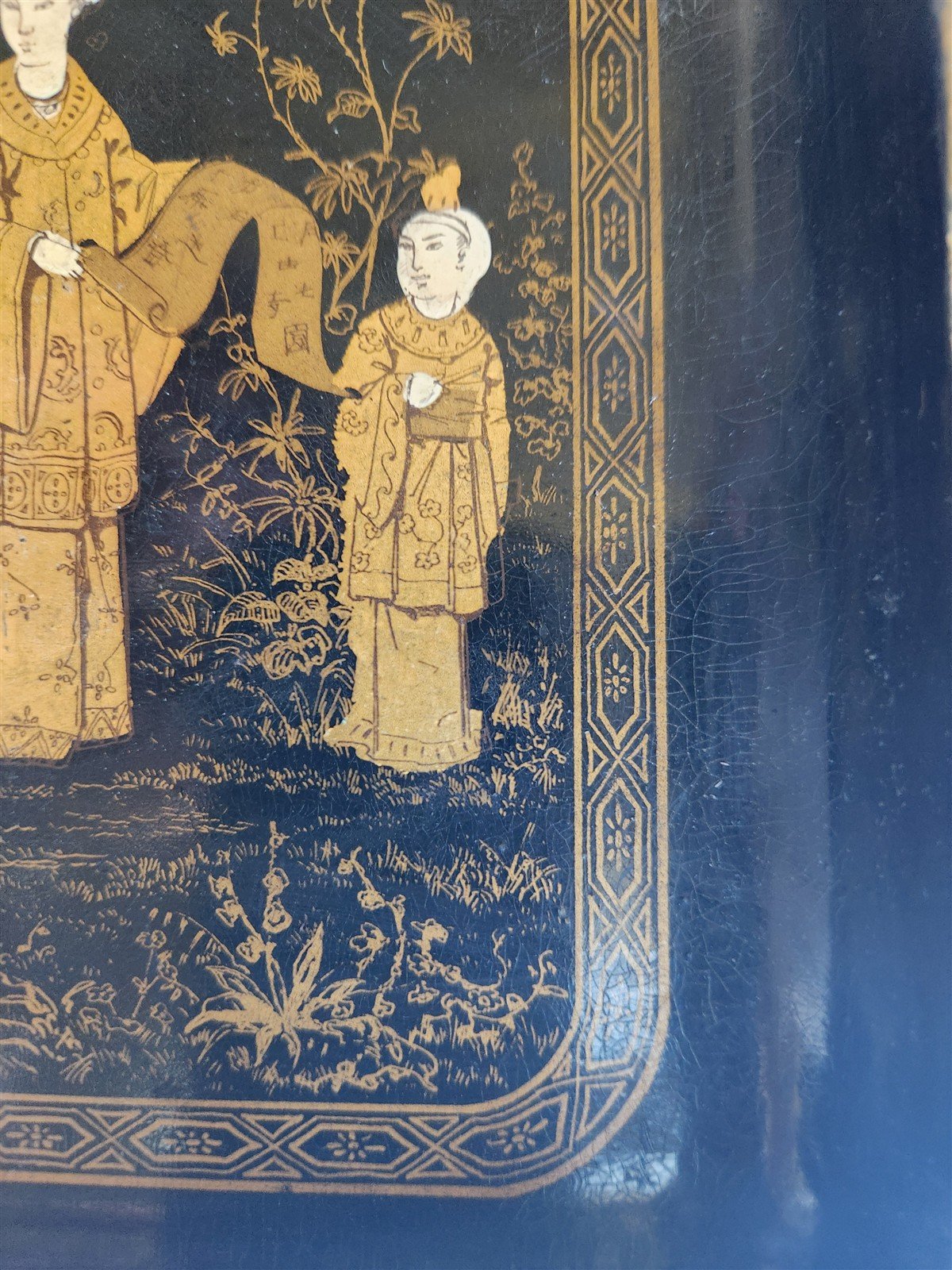 1890s ANTIQUE JAPANESE PAPER - MACHE TRAY Hand painted with art school scene