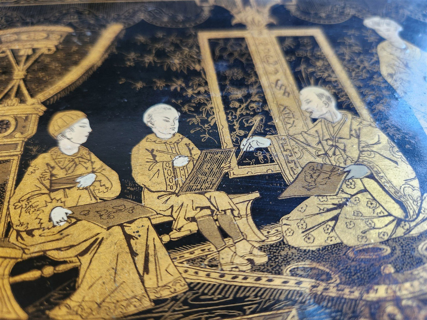 1890s ANTIQUE JAPANESE PAPER - MACHE TRAY Hand painted with art school scene