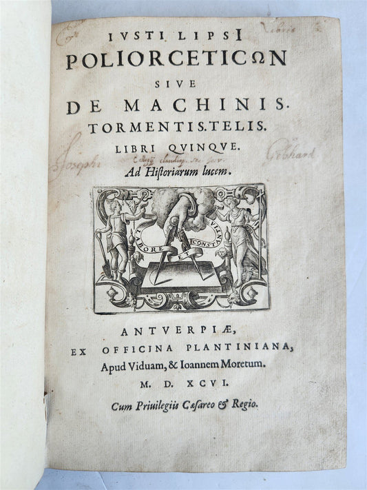 1596 WAR MACHINES of ANCIENT ROME LIPSIUS TREATISE antique ILLUSTRATED Plantin