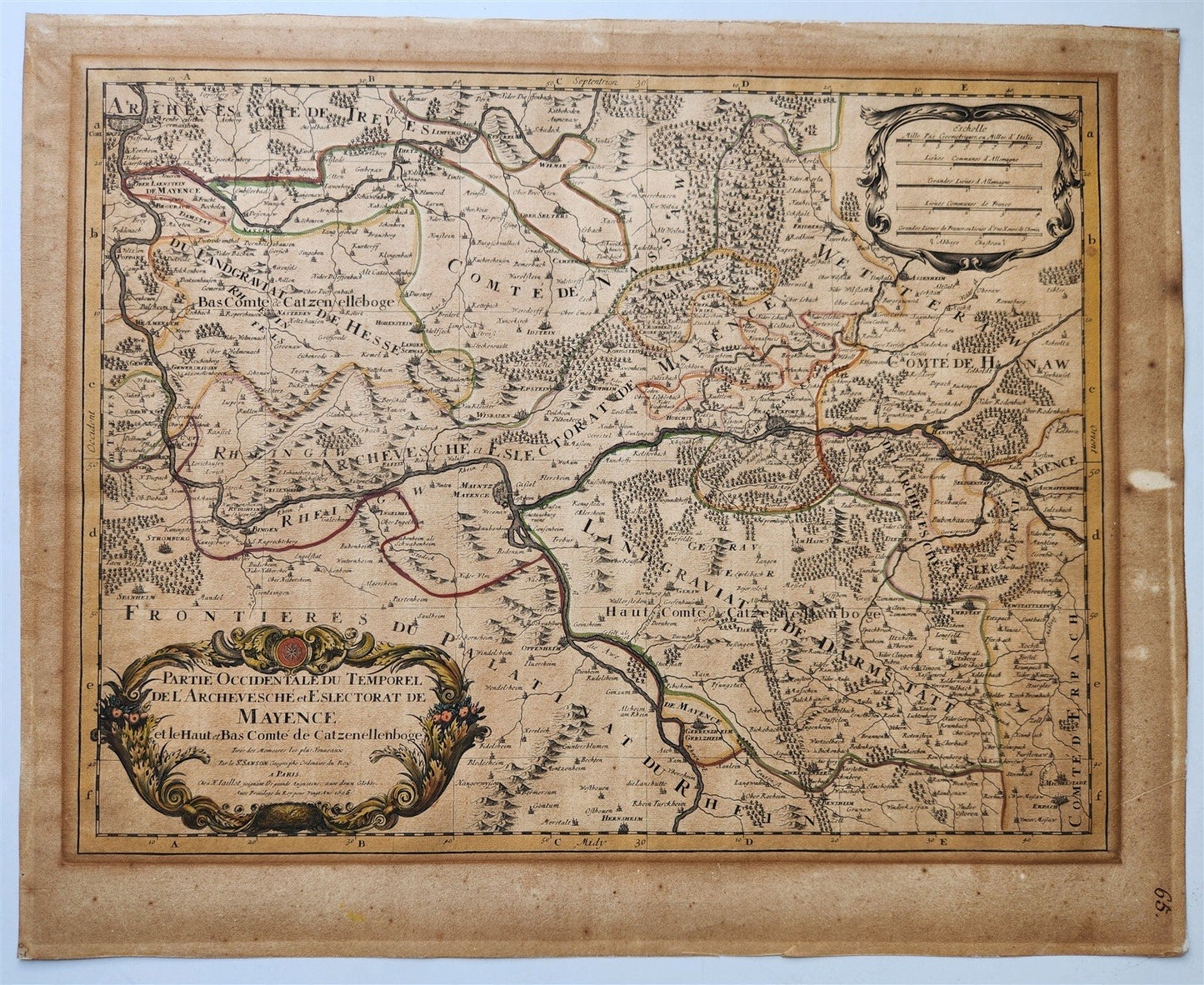 1696 MAP of GERMANY antique RHINE RIVER REGION BINGEN MAINZ ERBACH
