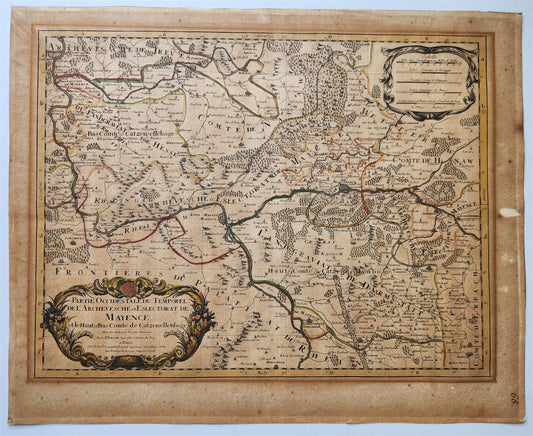 1696 MAP of GERMANY antique RHINE RIVER REGION BINGEN MAINZ ERBACH