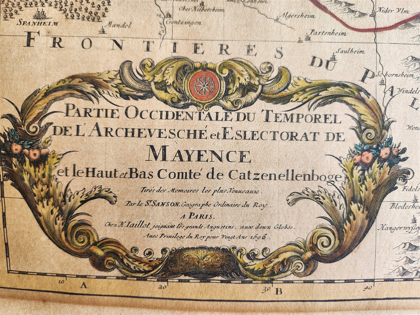 1696 MAP of GERMANY antique RHINE RIVER REGION BINGEN MAINZ ERBACH