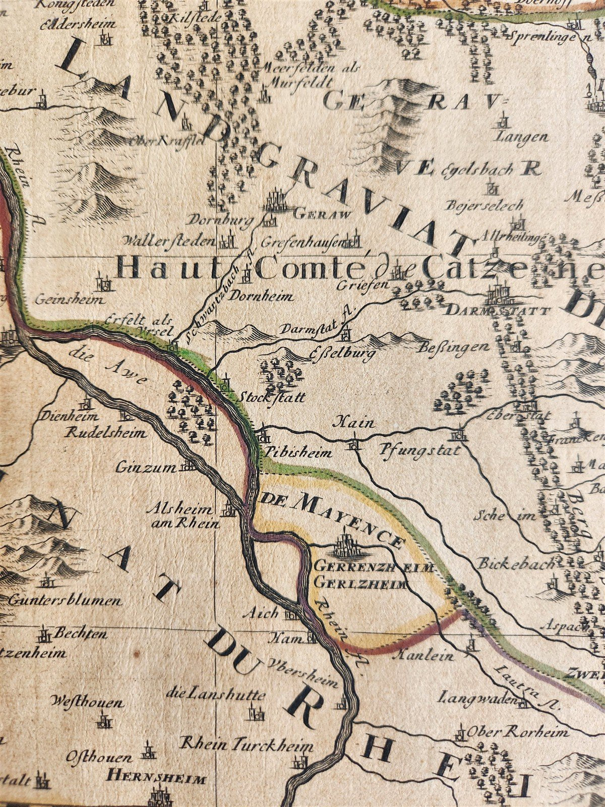 1696 MAP of GERMANY antique RHINE RIVER REGION BINGEN MAINZ ERBACH