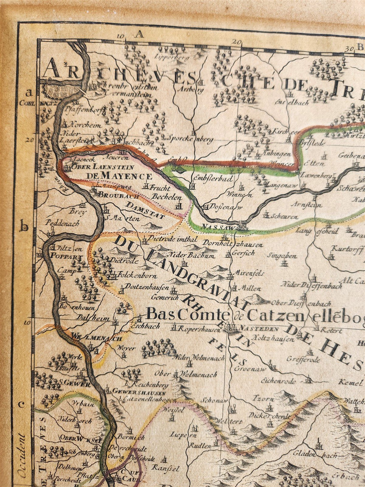 1696 MAP of GERMANY antique RHINE RIVER REGION BINGEN MAINZ ERBACH