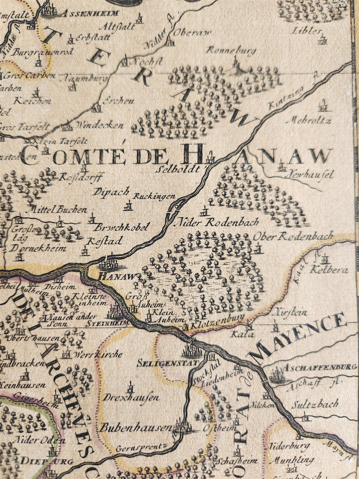 1696 MAP of GERMANY antique RHINE RIVER REGION BINGEN MAINZ ERBACH