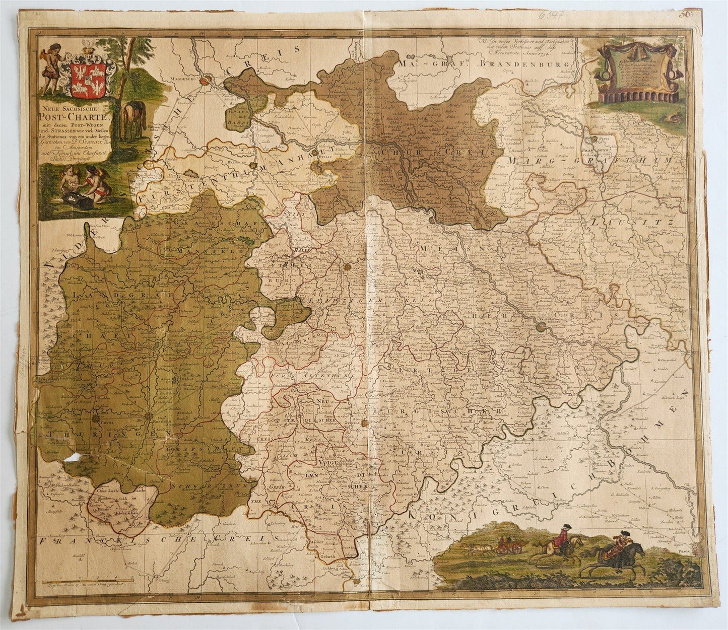 18th CENTURY MAP of SAXONY GERMANY antique NEUE SACHSISCHE POST-CHARTE