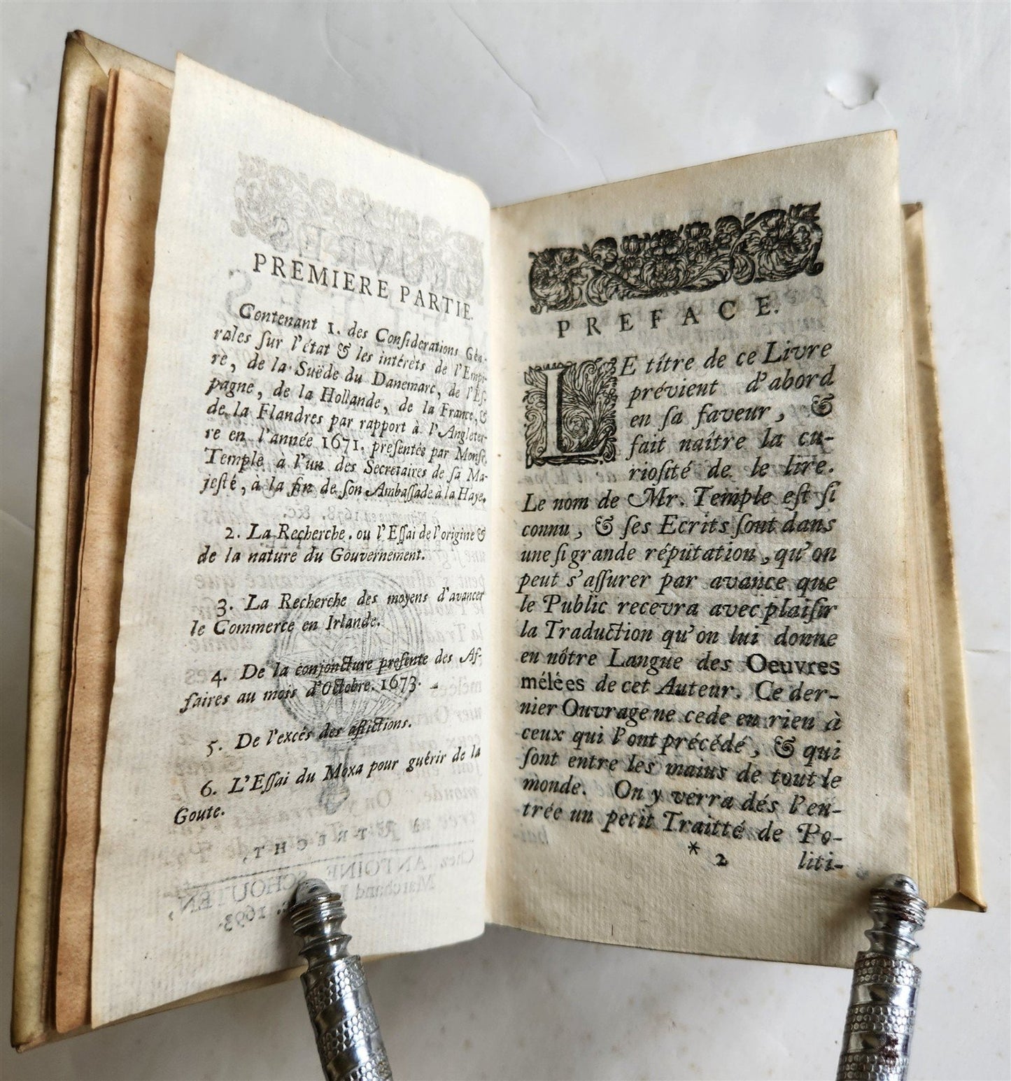 1693 WILLIAM TEMPLE POLITICAL ECONOMIC MORAL WORKS in FRENCH antique VELLUM