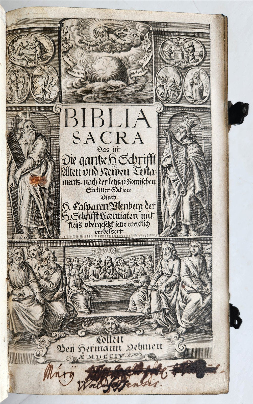 1704 BIBLE in GERMAN antiuque PIGSKIN over WOOD BINDING w/ CLASPS