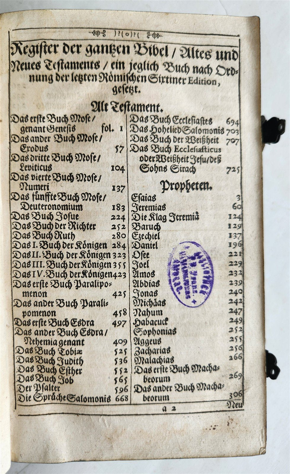 1704 BIBLE in GERMAN antiuque PIGSKIN over WOOD BINDING w/ CLASPS