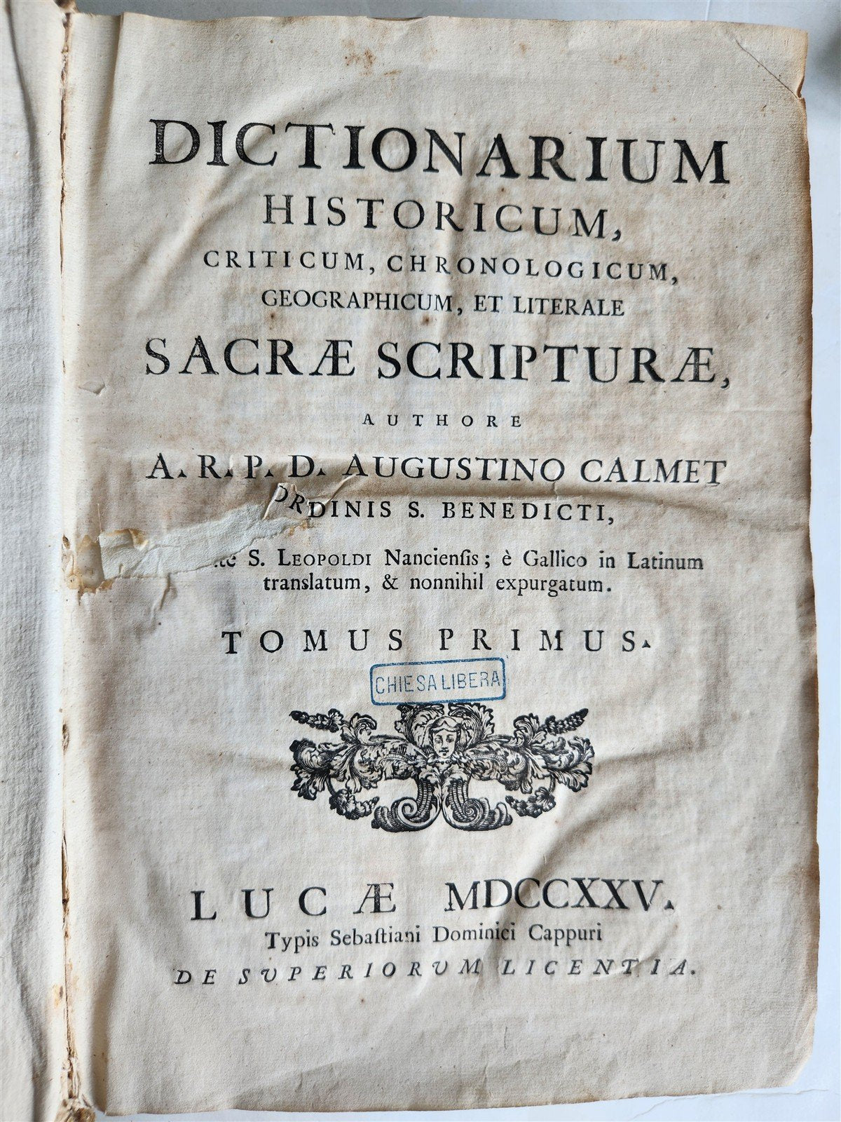 1725 HISTORICAL DICTIONARY by A. CALMET antique VELLUM BOUND FOLIO