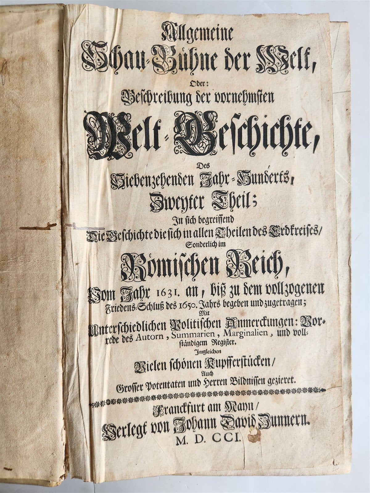 1701 WORLD'S HISTORY in GERMAN ILLUSTRATED antique VELLUM BOUND FOLIO