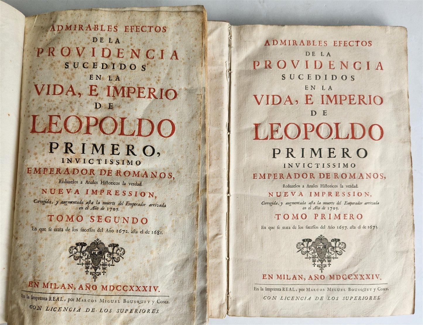 1734 ILLUSTRATED HISTORY of LEOPOLD I antique 2 FOLIO VOLUMES in SPANISH