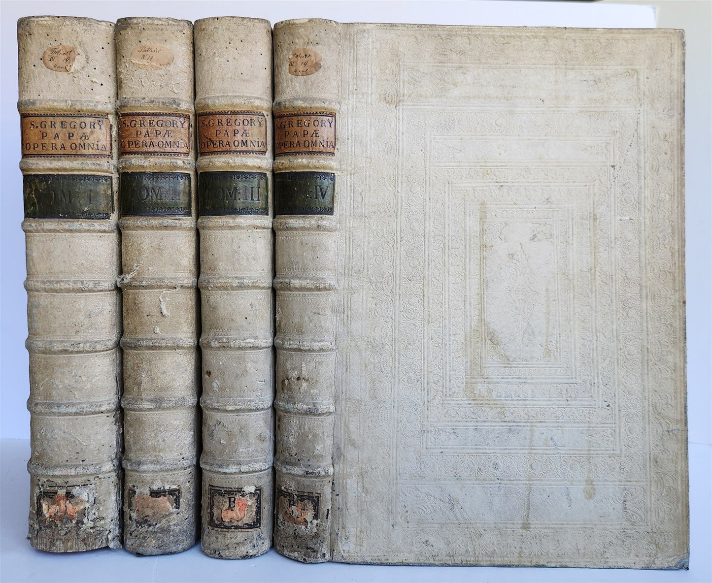 1705 ORDER of ST. BENEDICT WORKS SANCTI GREGORII 4 PIGSKIN FOLIO VOLS ANTIQUE