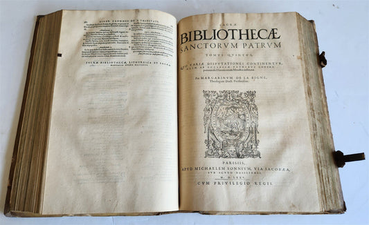 1575 Sacrae bibliothecae sanctorum patrum PIGSKIN FOLIO 16th century ANTIQUE