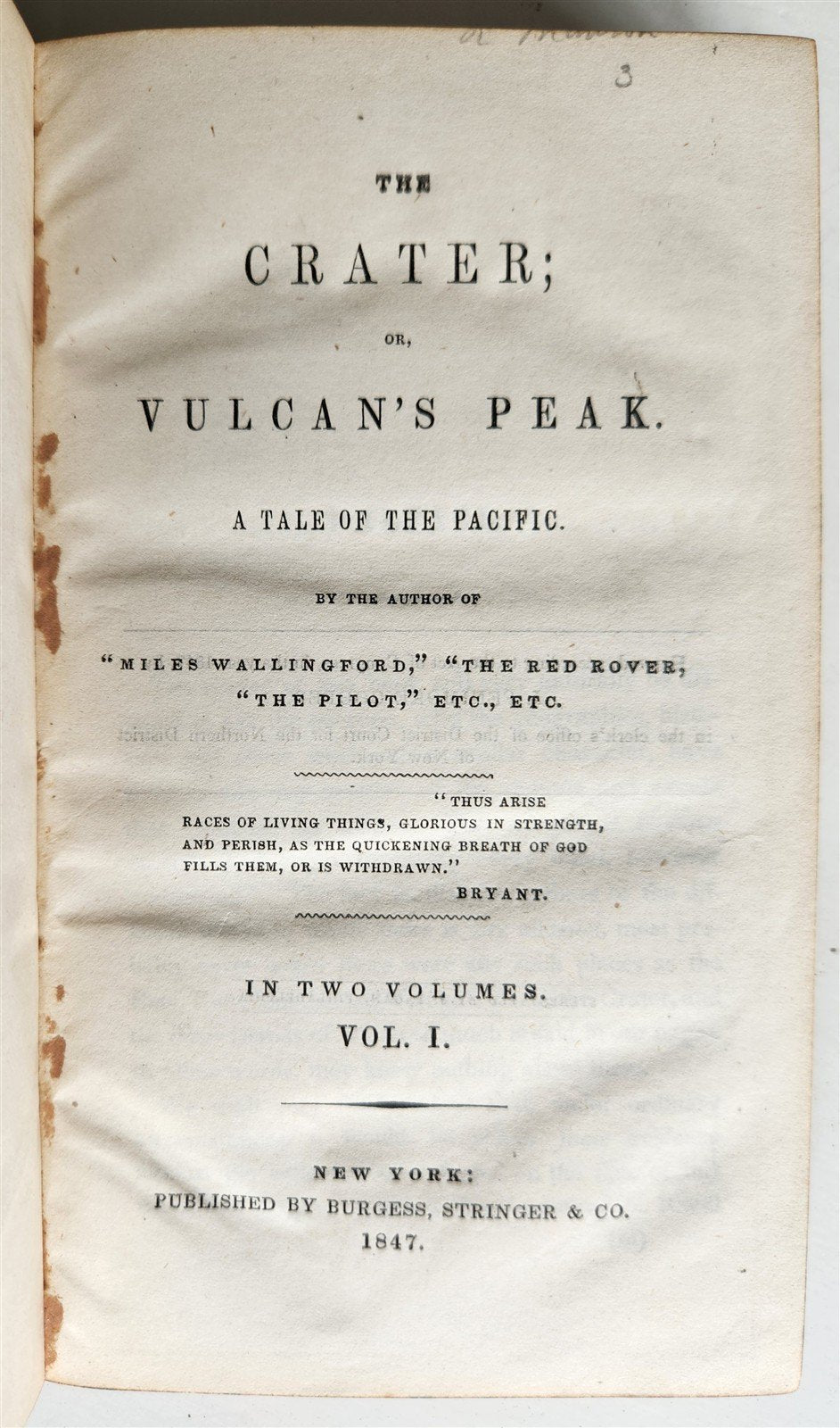 1847 JAMES FENIMORE COOPER The Crater or Vulcan's Peak ANTIQUE