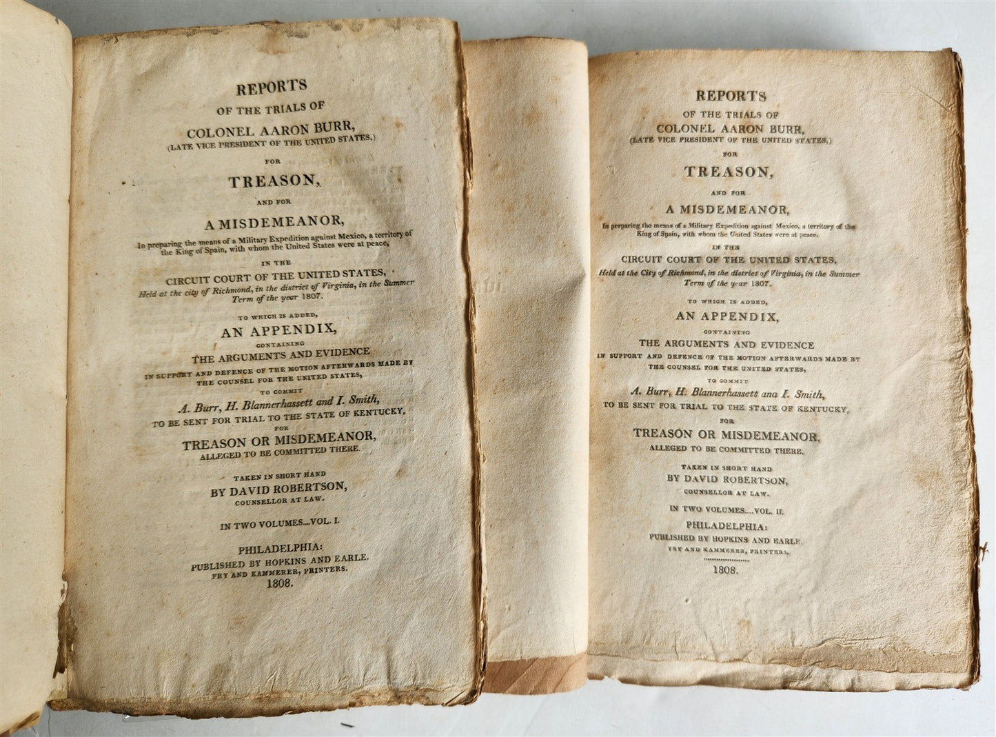 1808 TRIALS of COLONEL AARON BURR for TREASON & MISDEMEANOR 2 vols ANTIQUE