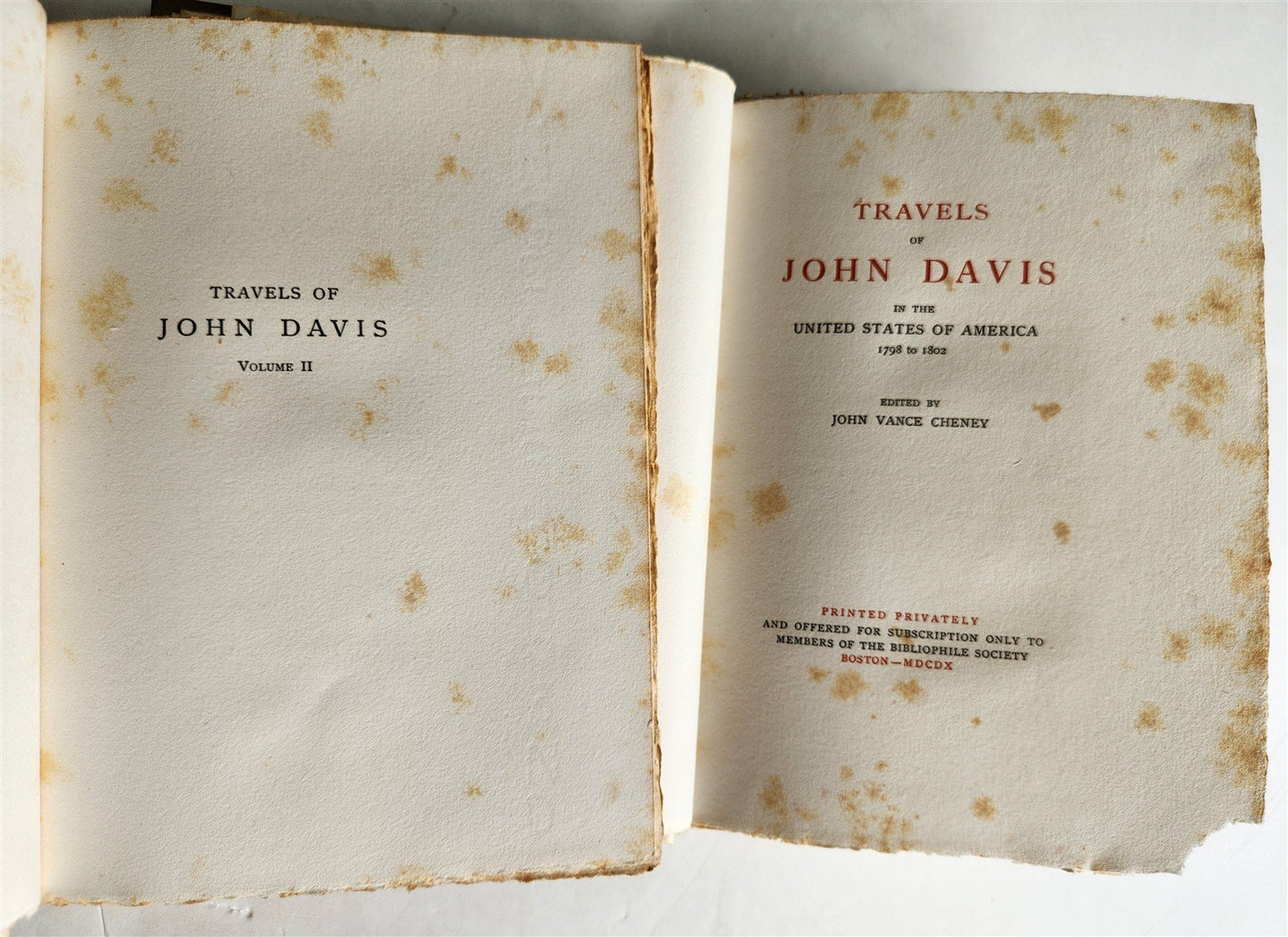 1910 TRAVELS OF JOHN DAVIS IN UNITED STATES OF AMERICA 1798-1802 2 vols ANTIQUE