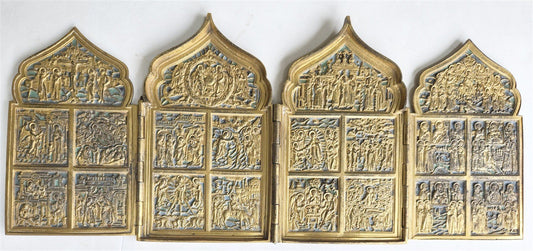 19th century RUSSIAN ORTHODOX BRONZE ENAMEL FOLDING TRAVELER ICON antique
