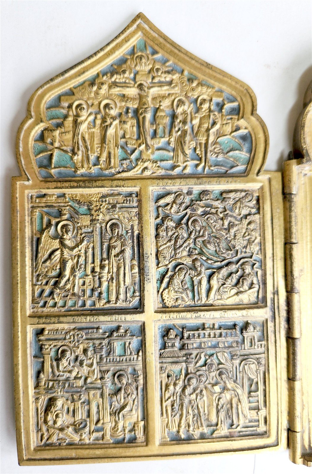 19th century RUSSIAN ORTHODOX BRONZE ENAMEL FOLDING TRAVELER ICON antique