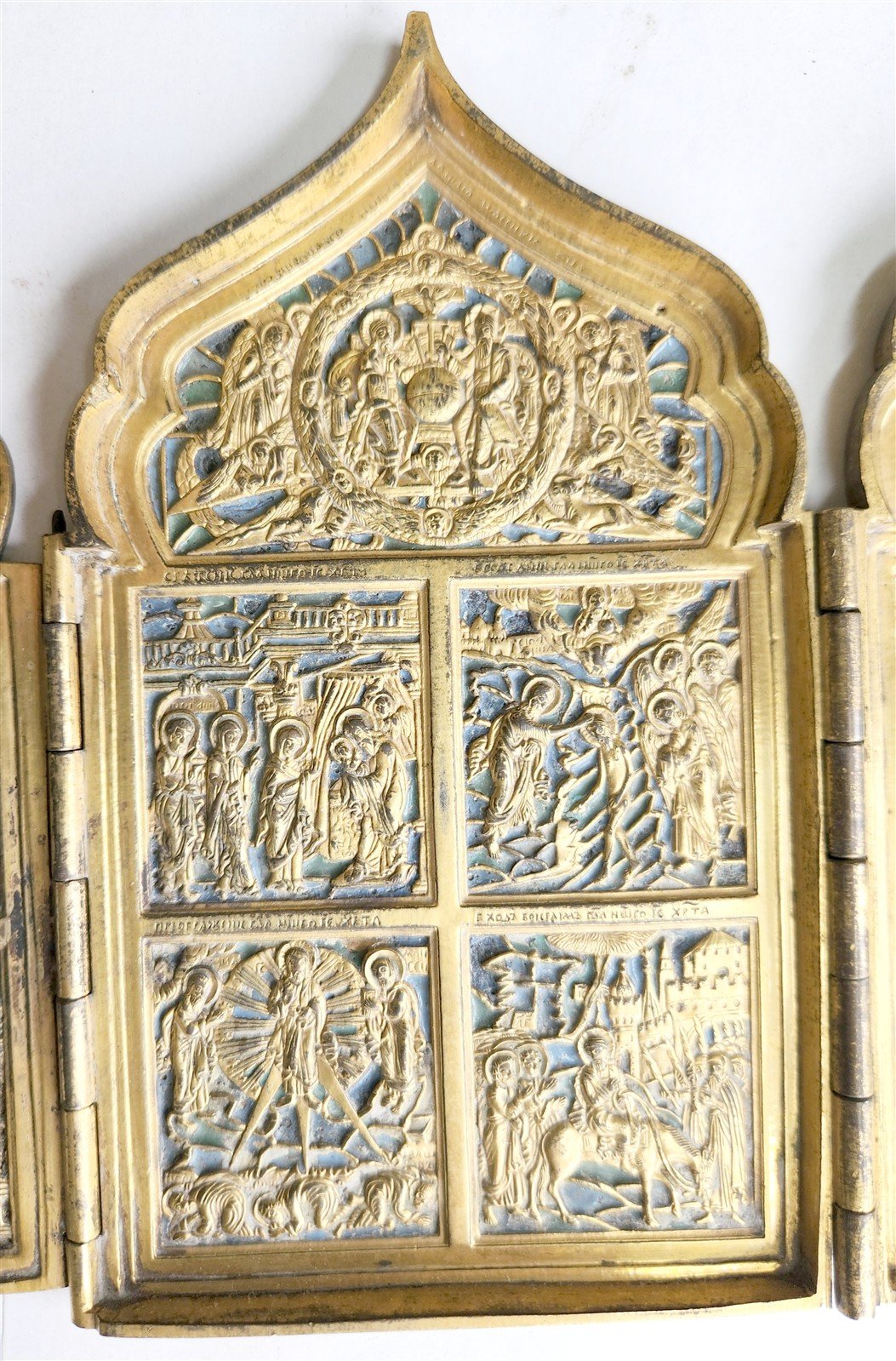 19th century RUSSIAN ORTHODOX BRONZE ENAMEL FOLDING TRAVELER ICON antique