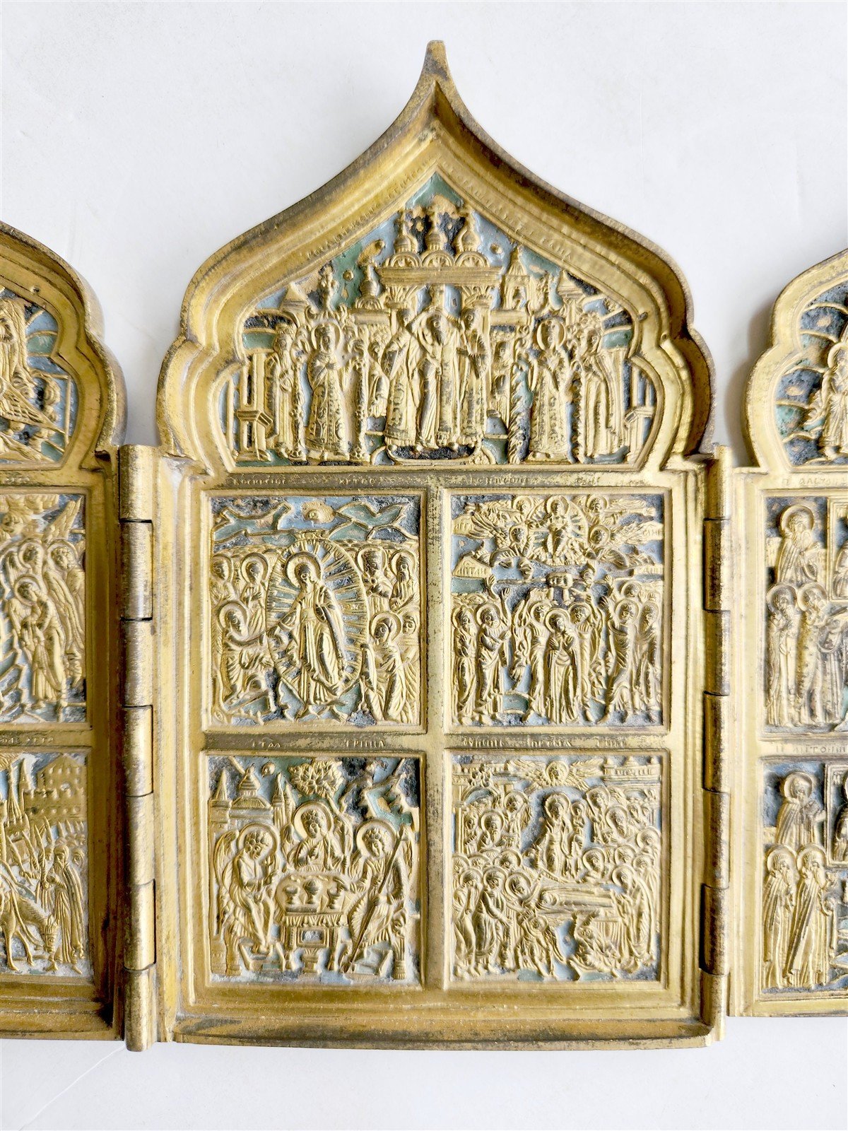 19th century RUSSIAN ORTHODOX BRONZE ENAMEL FOLDING TRAVELER ICON antique
