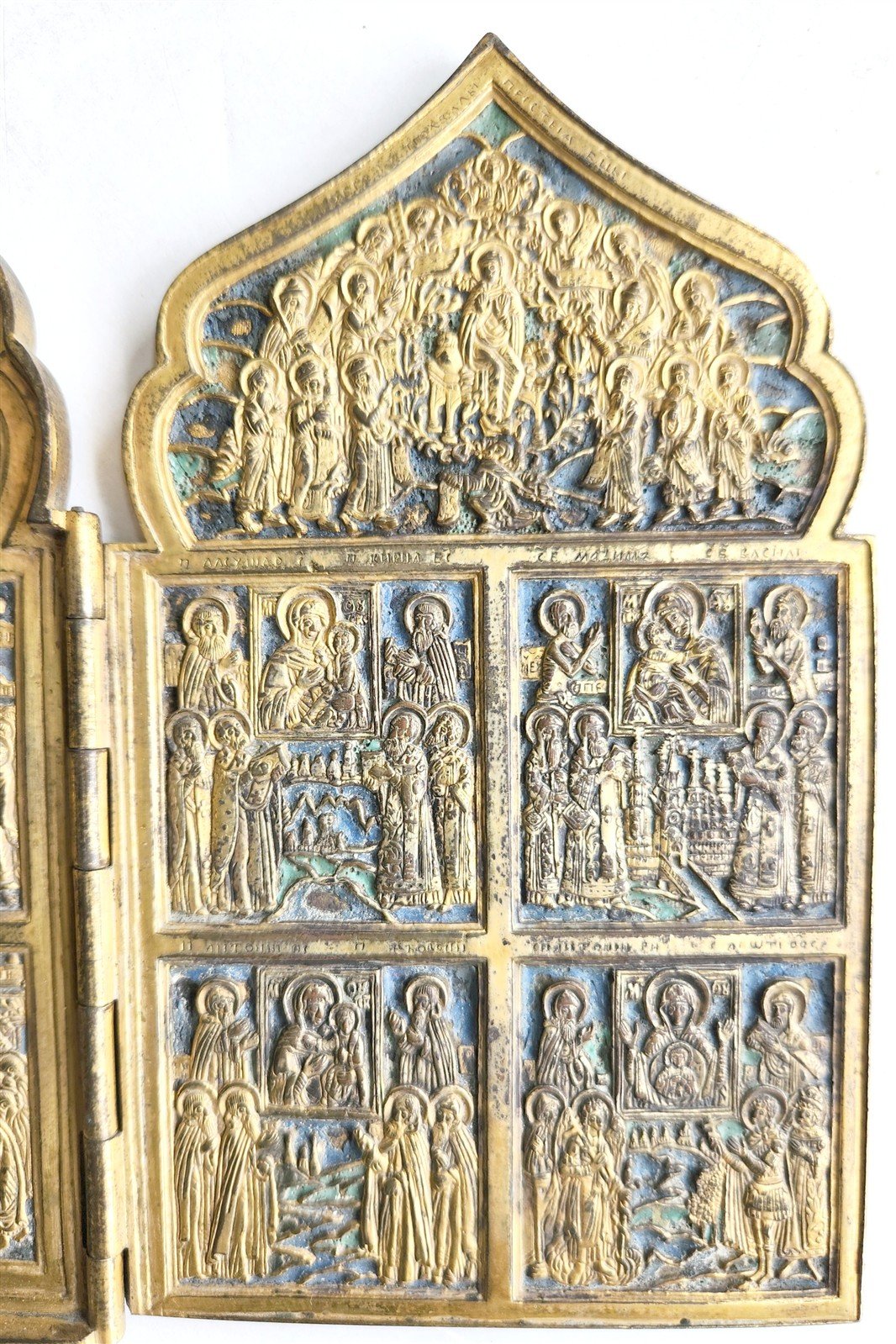 19th century RUSSIAN ORTHODOX BRONZE ENAMEL FOLDING TRAVELER ICON antique