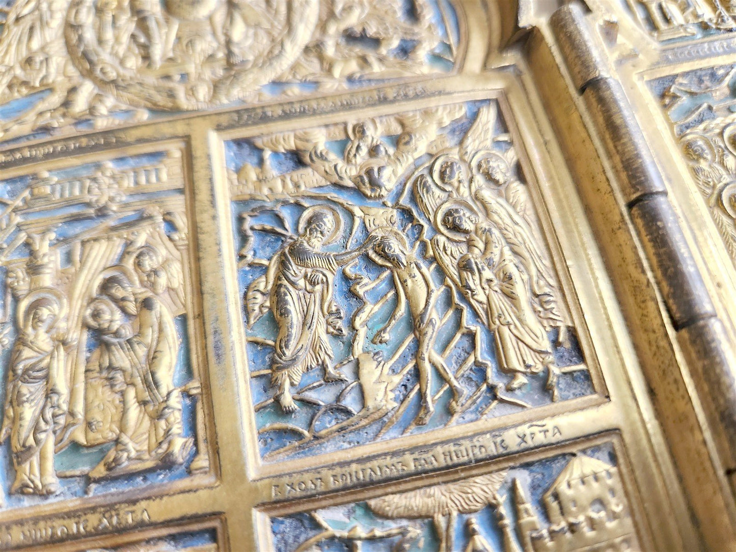 19th century RUSSIAN ORTHODOX BRONZE ENAMEL FOLDING TRAVELER ICON antique