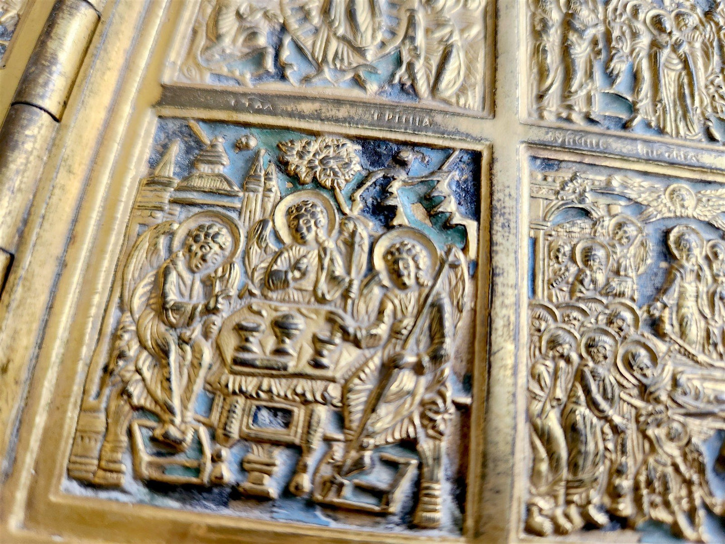 19th century RUSSIAN ORTHODOX BRONZE ENAMEL FOLDING TRAVELER ICON antique
