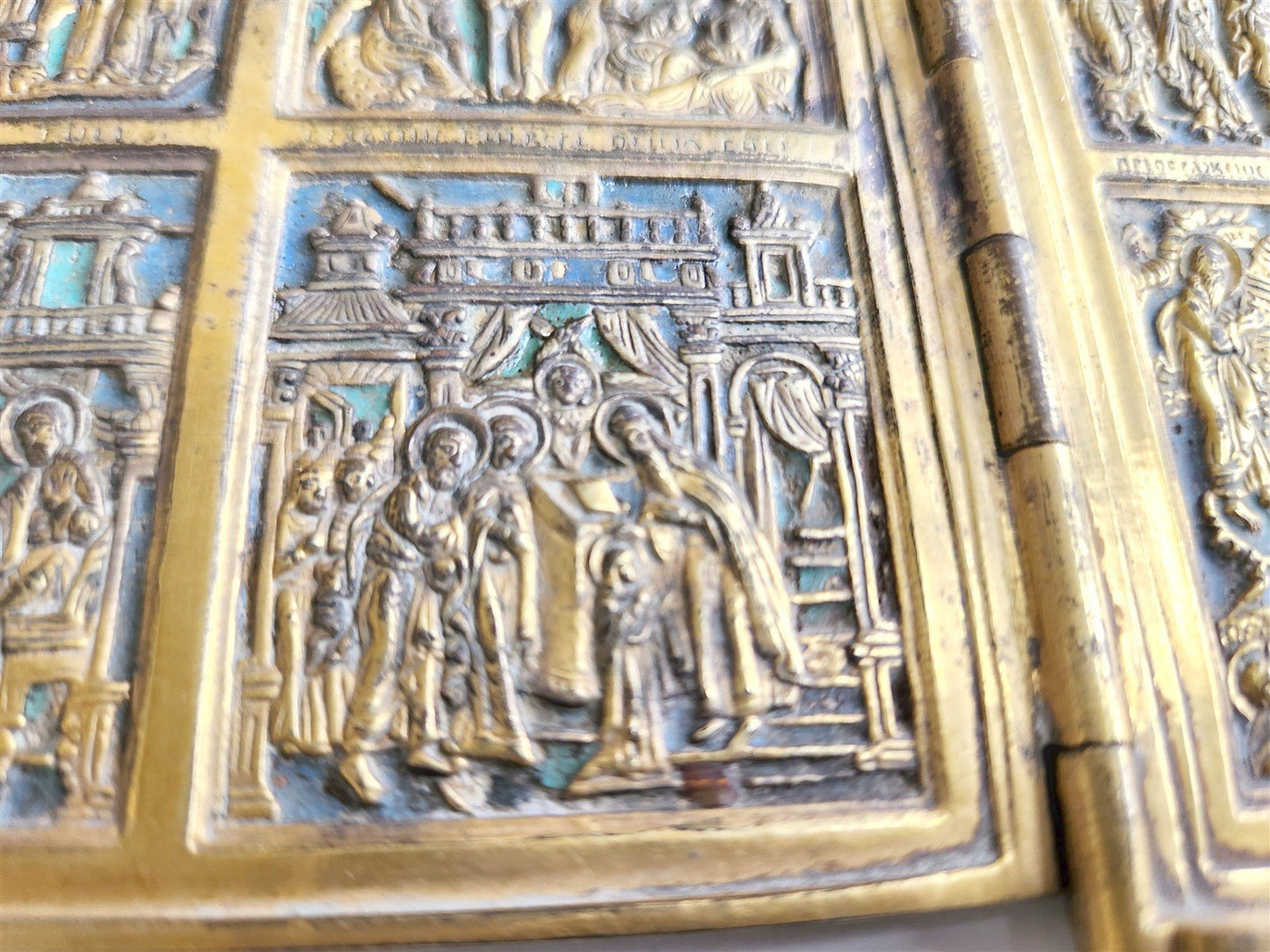 19th century RUSSIAN ORTHODOX BRONZE ENAMEL FOLDING TRAVELER ICON antique