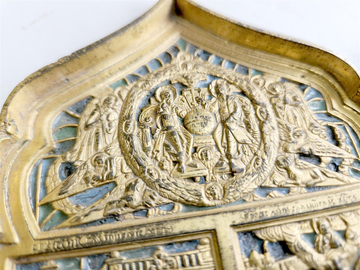 19th century RUSSIAN ORTHODOX BRONZE ENAMEL FOLDING TRAVELER ICON antique