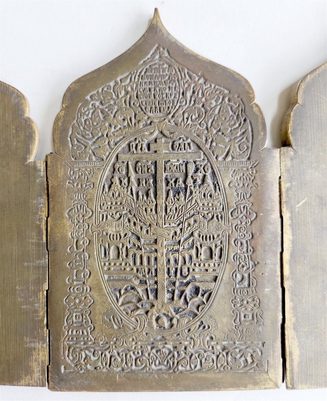 19th century RUSSIAN ORTHODOX BRONZE ENAMEL FOLDING TRAVELER ICON antique