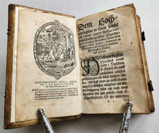 1593 THEOLOGY by Petrus Michaelis ANTIQUE PIGSKIN BINDING 16th CENTURY
