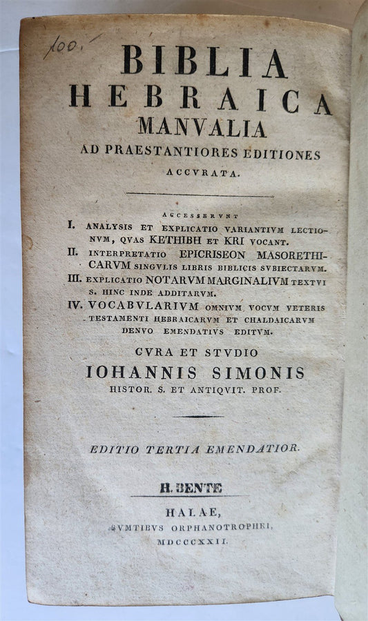 1822 BIBLE in HEBREW antique OLD TESTAMENT Biblia hebraica manualis